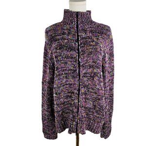 Chicos Sweater Cardigan Zig-Zag Weave Purple Zip-Up Size XL